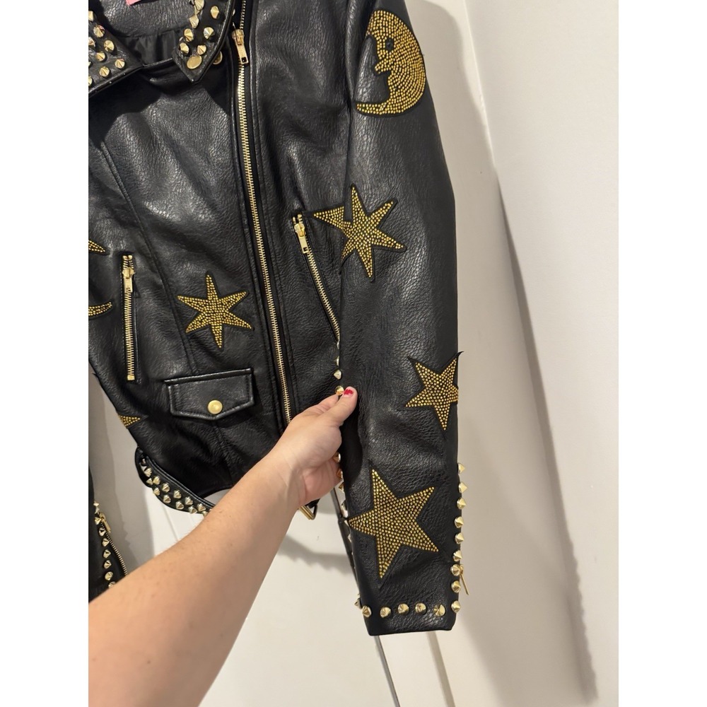 Azalea Wang Women's Black Studded Celestial Moto Jacket M Cropped Moon Stars M - Picture 9 of 15